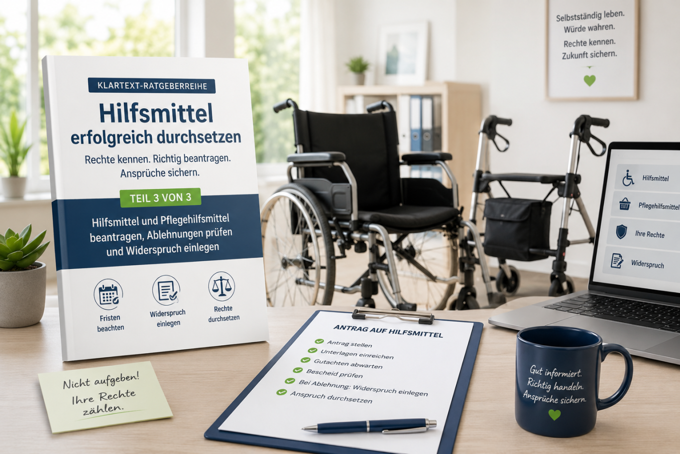 Ratgeber zu Hilfsmitteln und Pflegehilfsmitteln mit Rollstuhl, Rollator und Hilfsmittelantrag